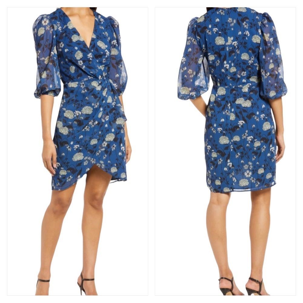 HALOGEN® Chiffon Faux Wrap Quarter Puff Sleeves Wedding Guest Dress Plus Size